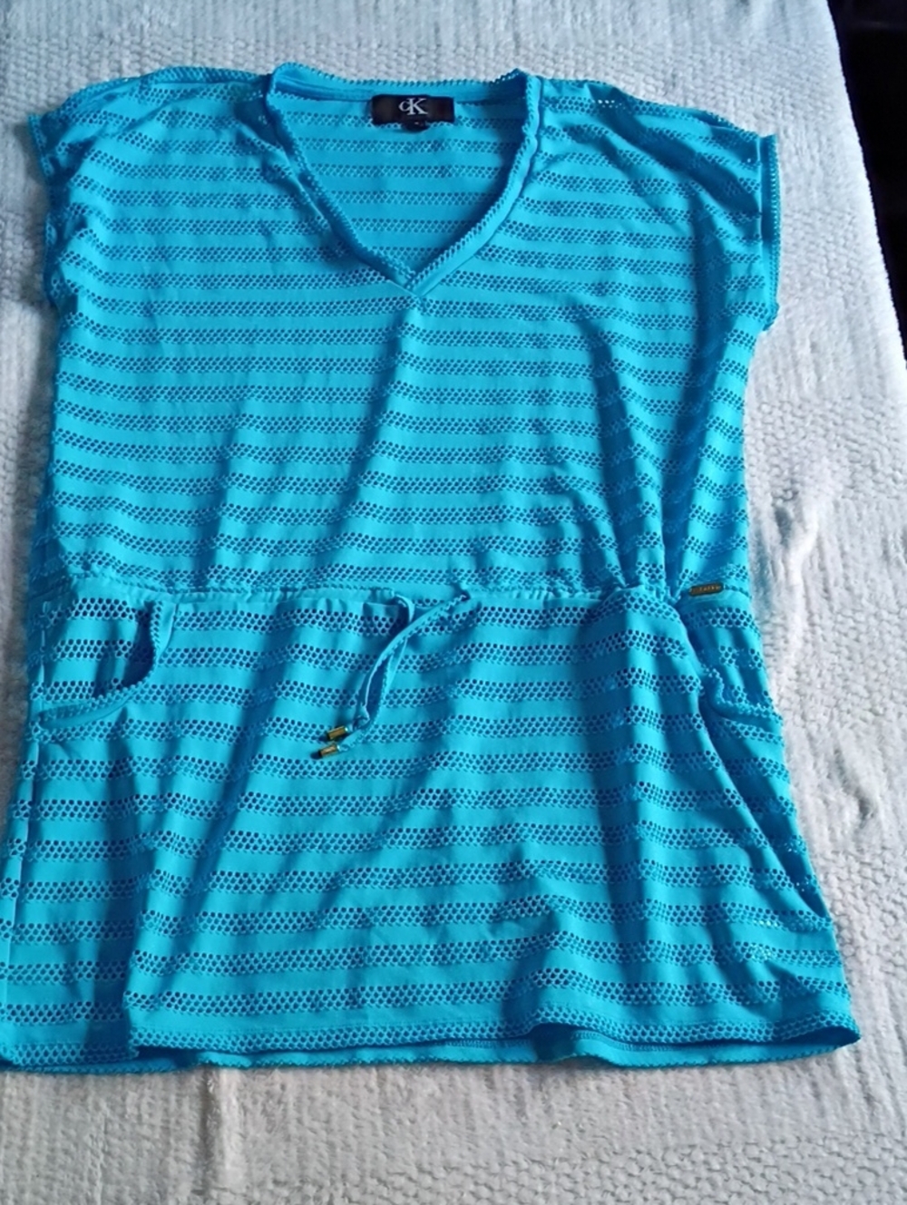 Calvin Klein Turquoise Mesh One-Piece Cover-Up with Drawstring